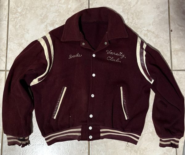 1940s Heavy Wool Varsity Jacket, Burgundy, White Leather Sleeves, Chain Stitch, photo 1