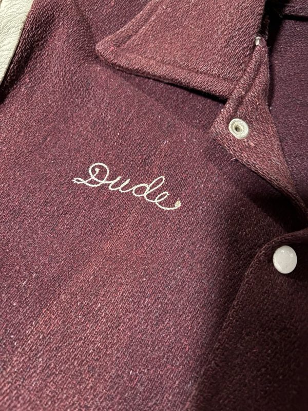 1940s Heavy Wool Varsity Jacket, Burgundy, White Leather Sleeves, Chain Stitch, photo 3