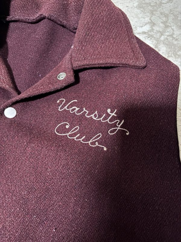 1940s Heavy Wool Varsity Jacket, Burgundy, White Leather Sleeves, Chain Stitch, photo 4