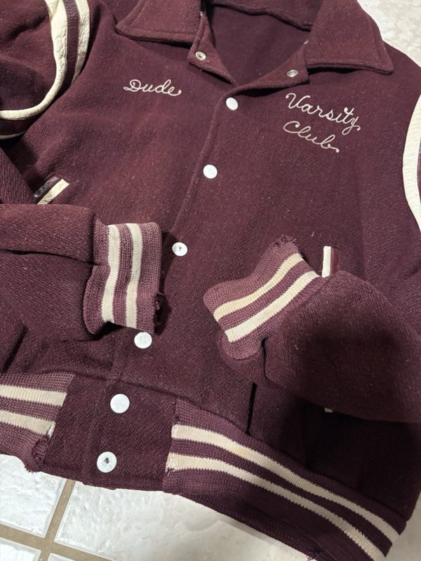 1940s Heavy Wool Varsity Jacket, Burgundy, White Leather Sleeves, Chain Stitch, photo 6