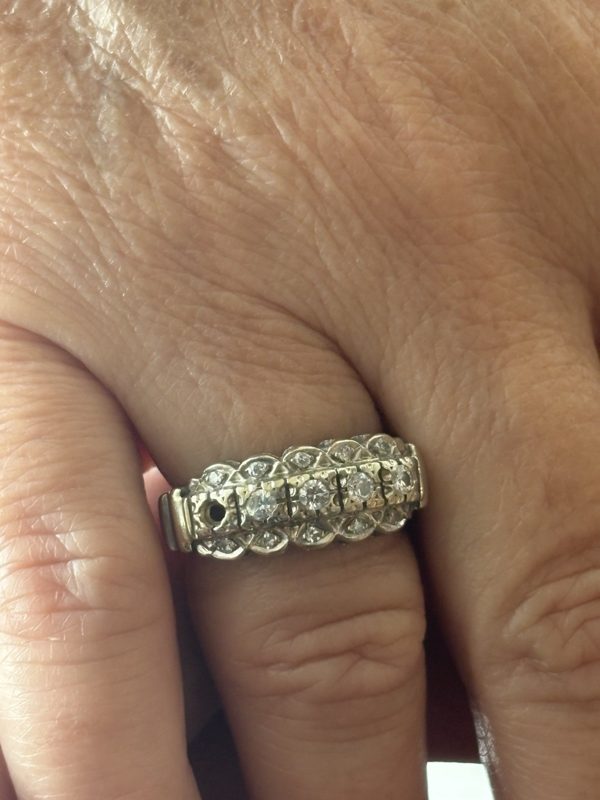 1950s 14k White Gold Ring, Engraved 1957, Size 6.5 to 7, Missing Stone, photo 1