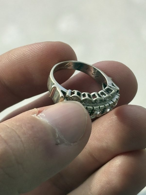 1950s 14k White Gold Ring, Engraved 1957, Size 6.5 to 7, Missing Stone, photo 3